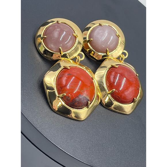 Lele Sadoughi Geo Bezel Red Harvest Jewel Drop Gold Plated Clip Runway Earring - Picture 16 of 16